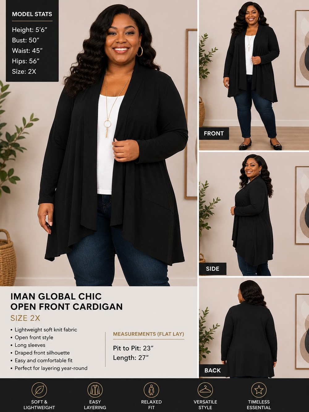 IMAN Global Chic Plus Size Black Open Front Cardigan Sweater 2X NWT Lightweight